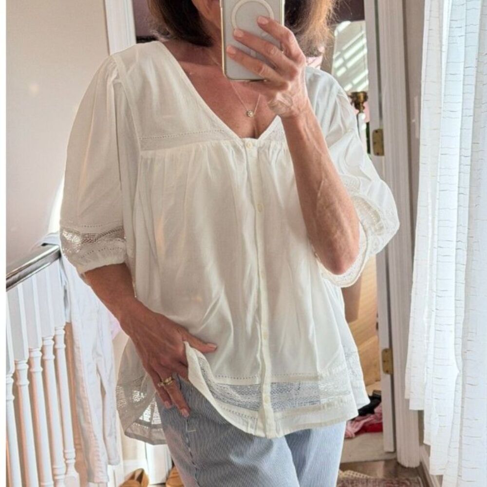 Romantic White Lace Trim Peasant Blouse Boho Cottagecore